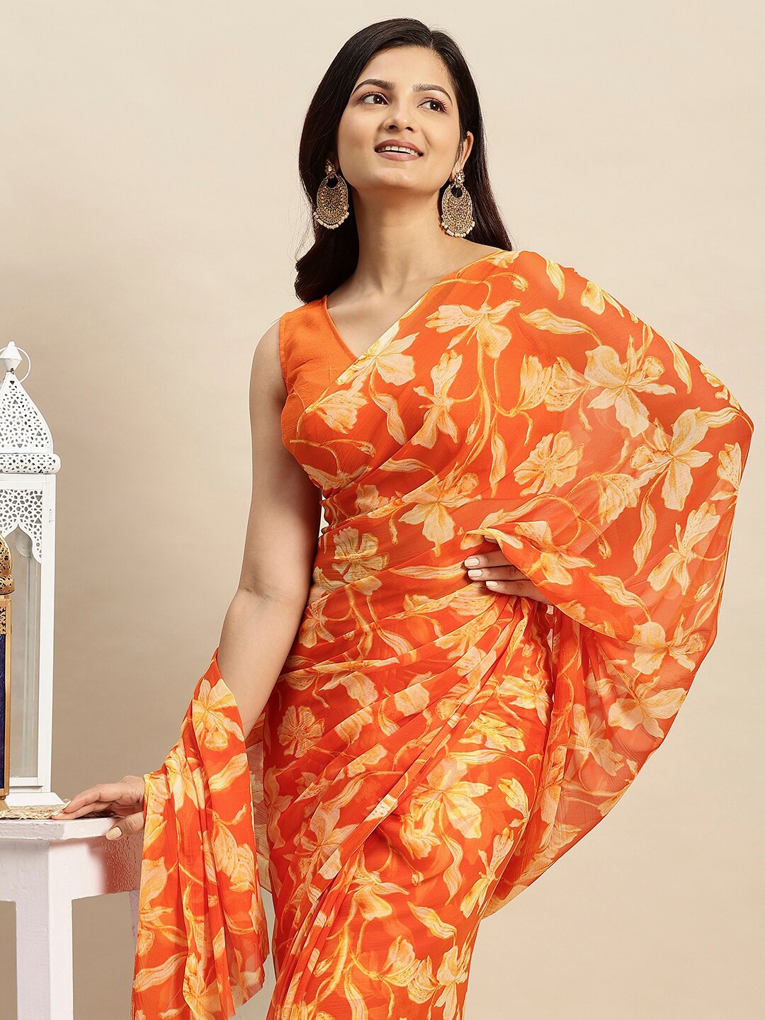 

RATAN Floral Printed Saree, Orange