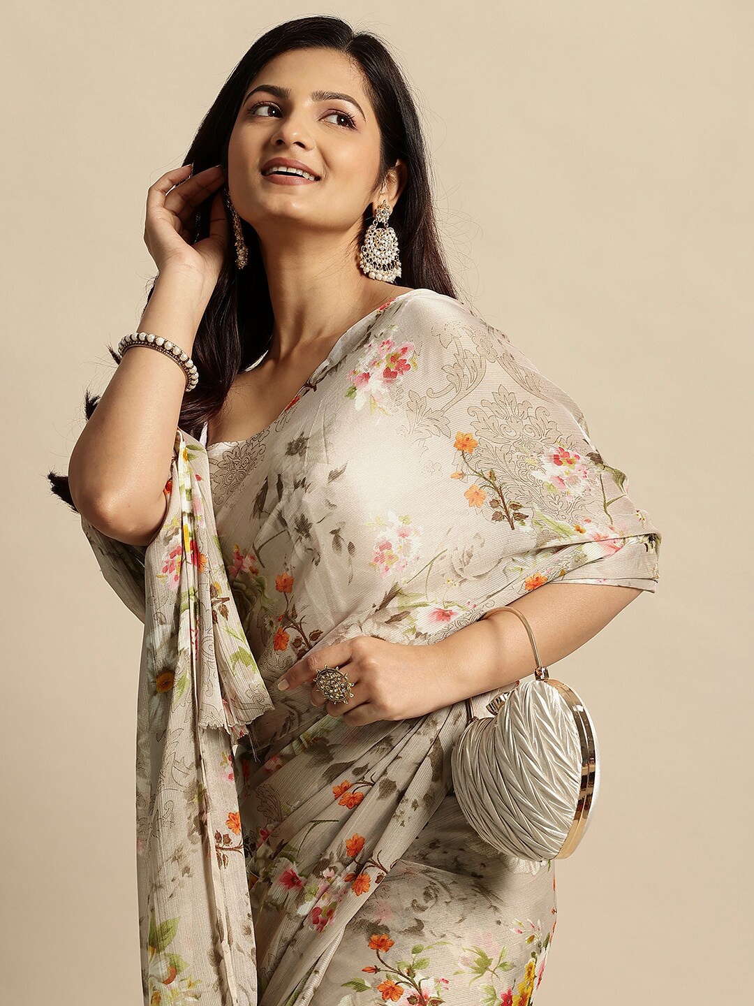 

RATAN Floral Printed Saree, Beige