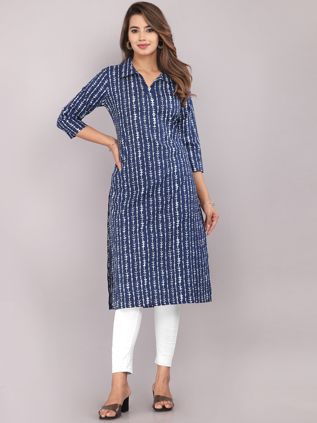 

KANNAHI Striped Printed Shirt Collar Cotton Kurta, Blue