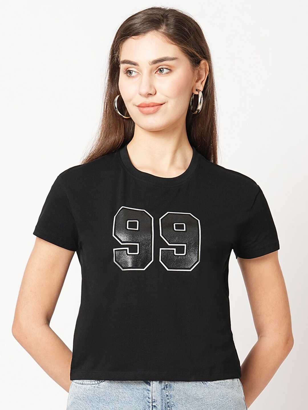 Kraus Jeans Typography Printed Slim Fit Cotton Crop T-shirt, Black