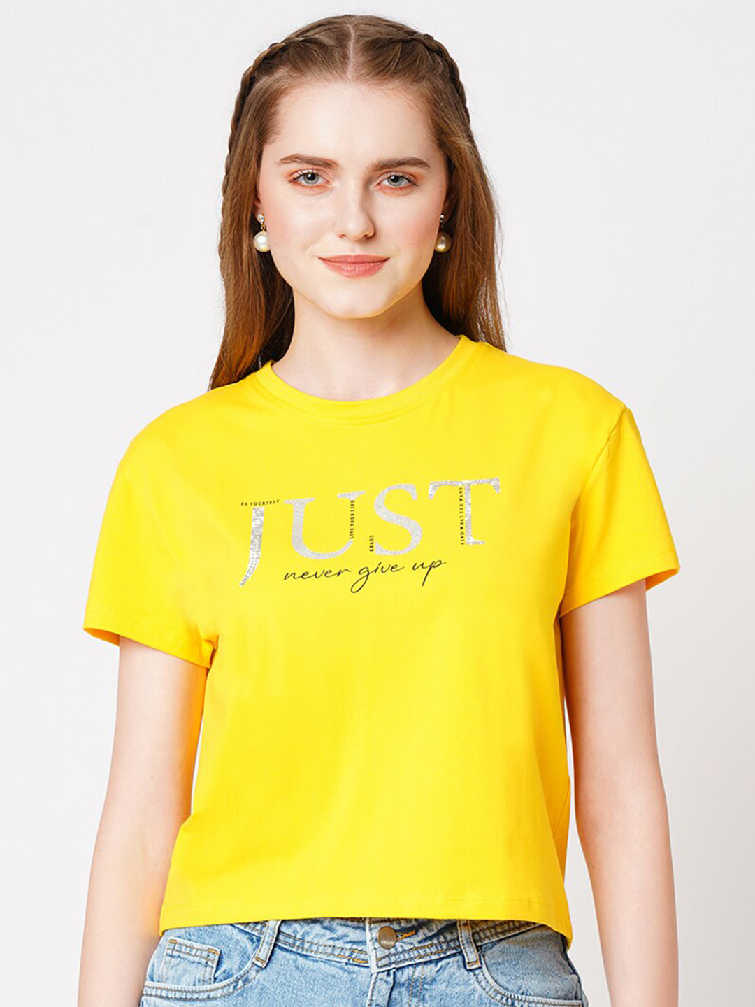 

Kraus Jeans Typography Printed Slim Fit Cotton Crop T-shirt, Yellow