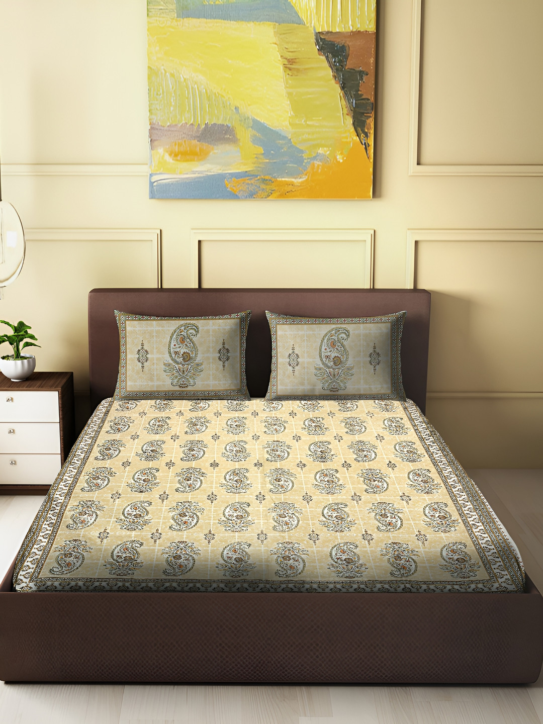 

Spangle Cream & White Ethnic Motifs cotton 260 TC King Bedsheet with 2 Pillow Covers