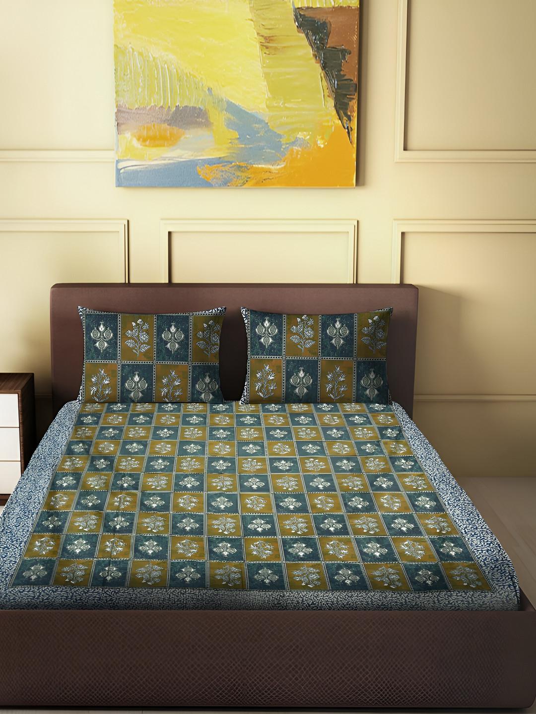 

Spangle Olive Green & Mustard Floral Cotton 260 TC King Bedsheet with 2 Pillow Covers