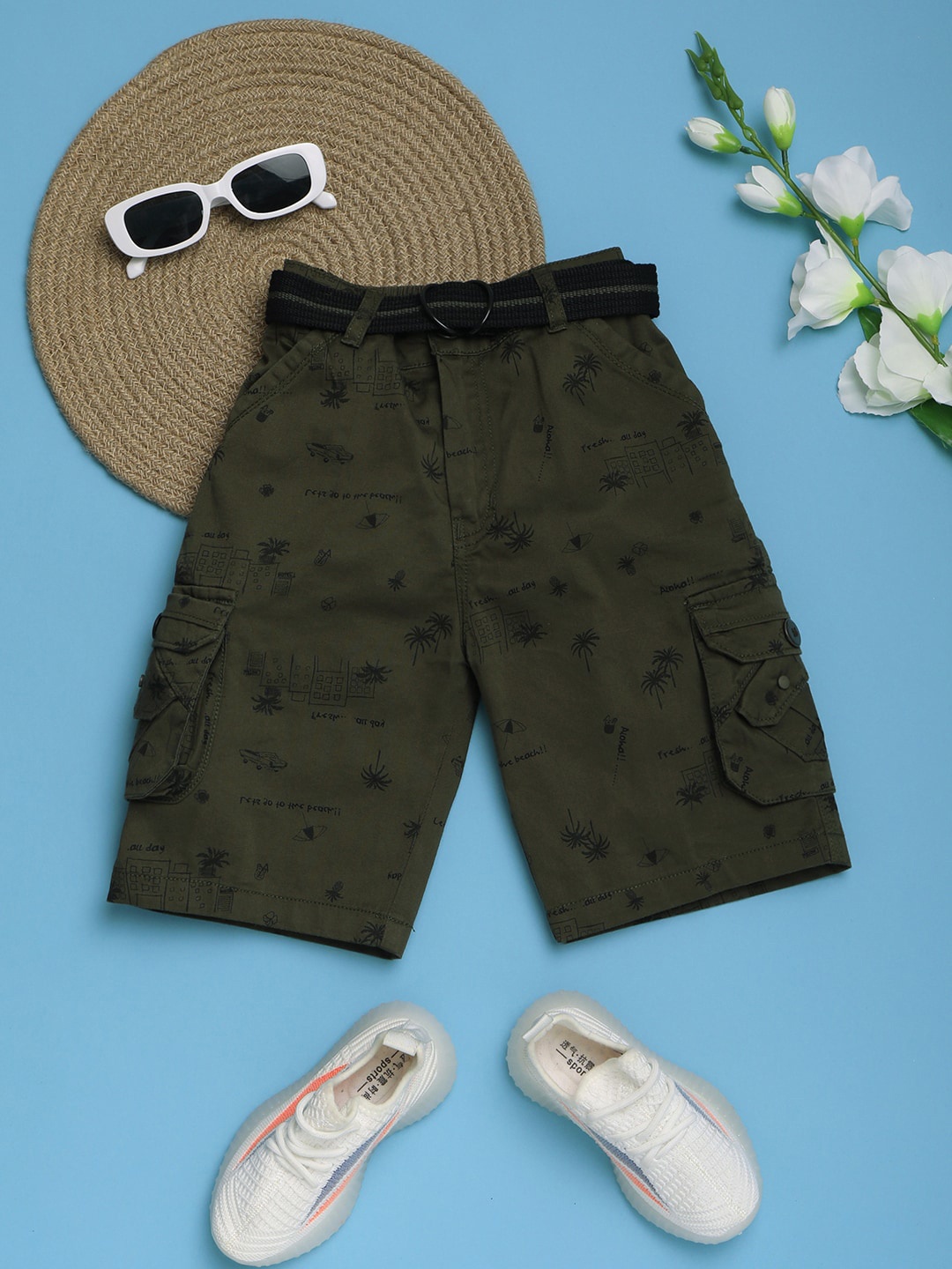 

V-Mart Boys Tropical Printed Cotton Cargo Shorts, Green