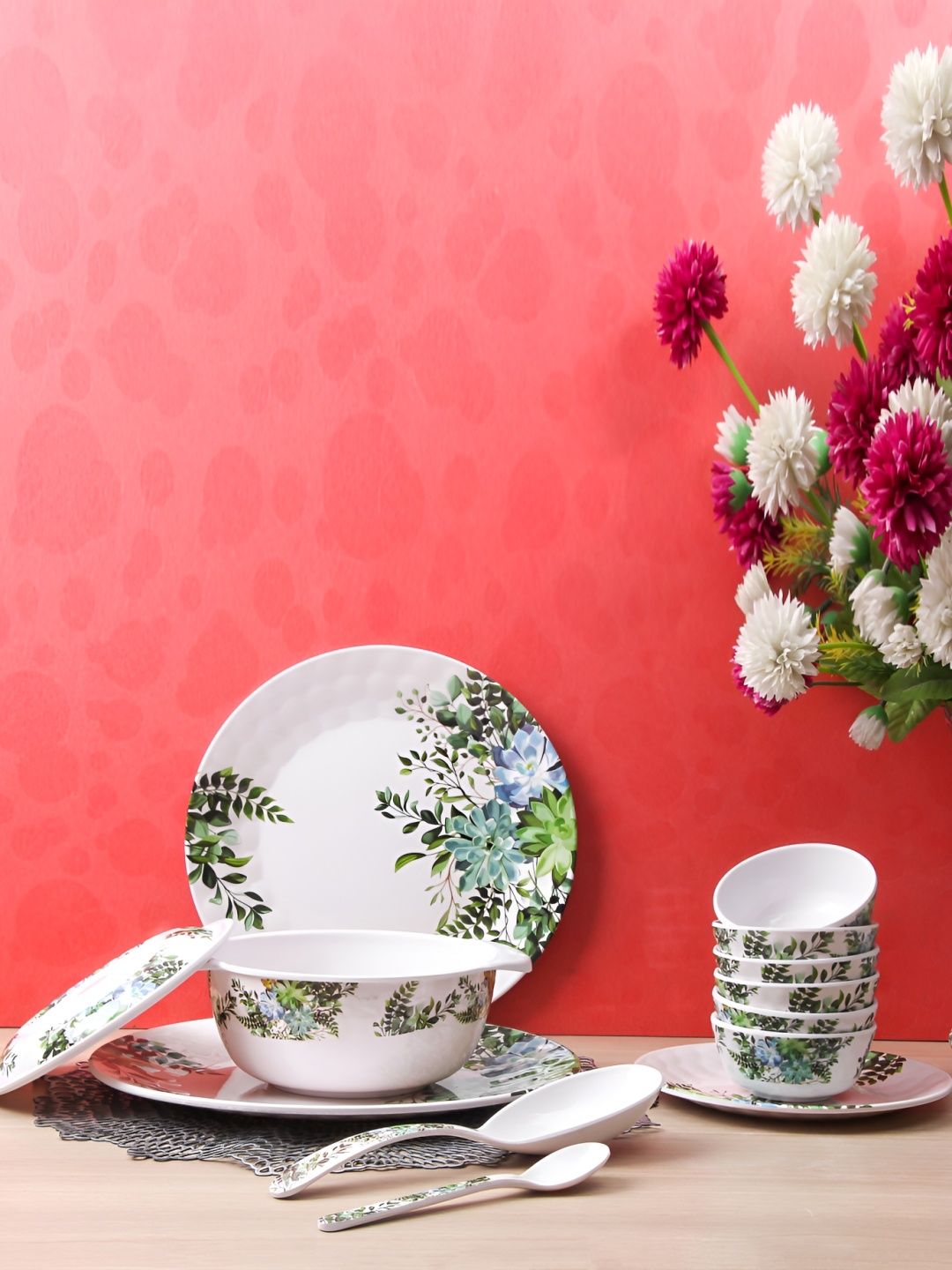 

AEMAHARANI White Green 32 Pieces Printed Melamine Desire Dinner Set