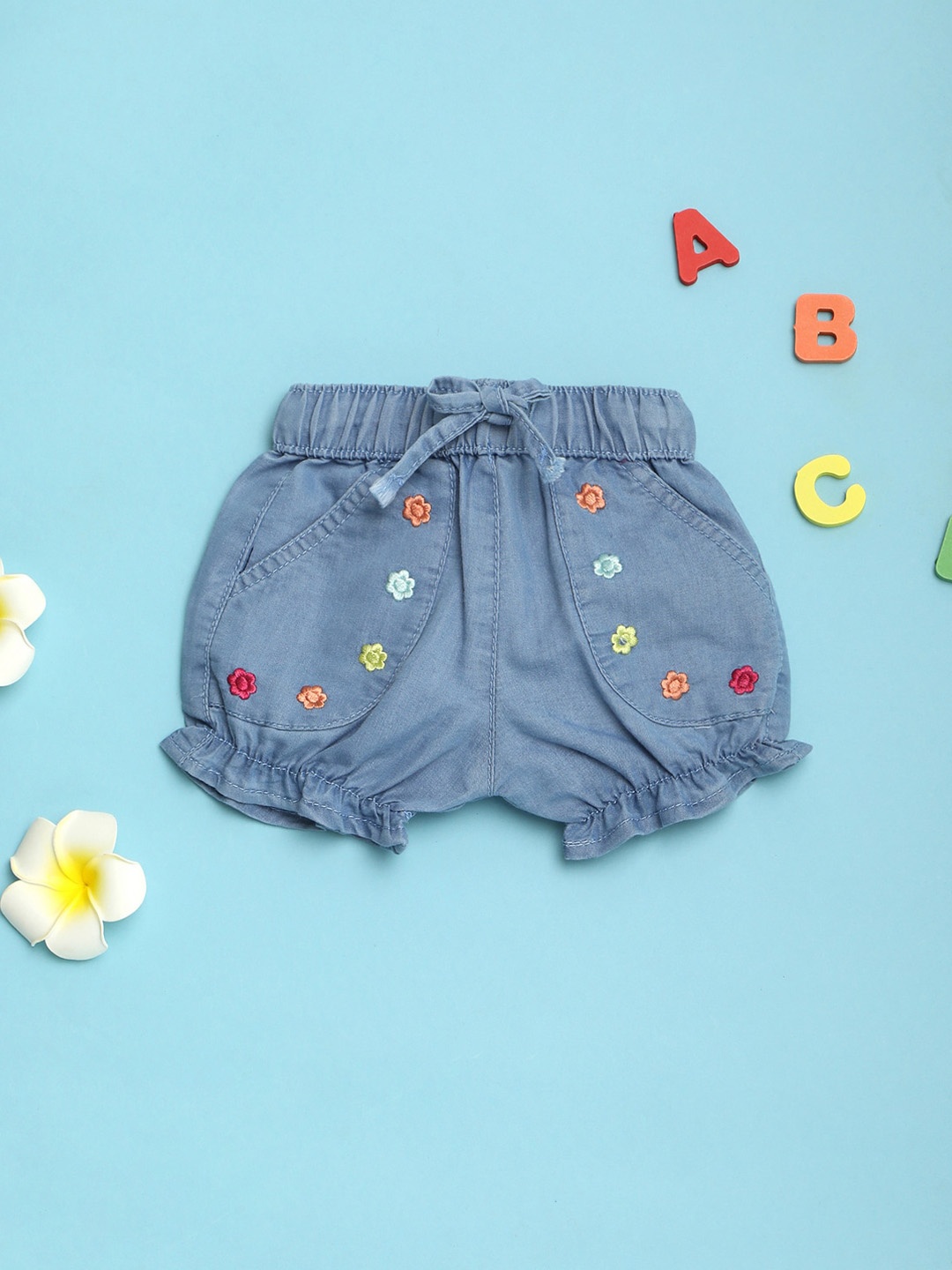 V-Mart Infant Girls Floral Embroidered Denim Shorts, Blue