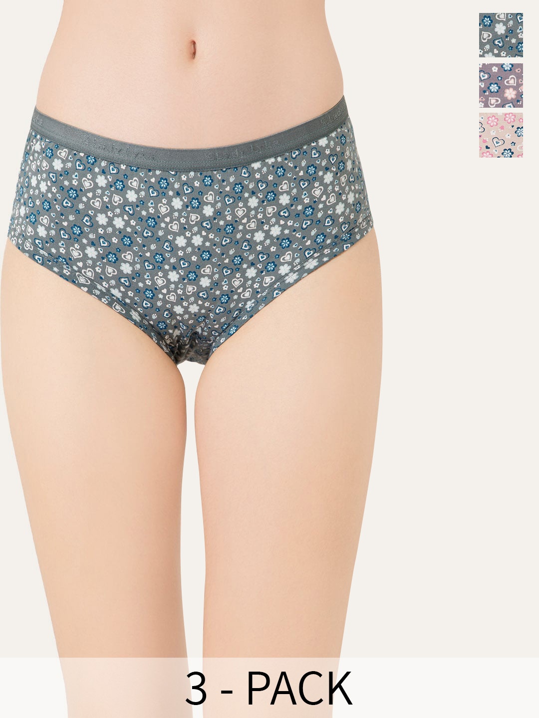 

Lady Lyka Pack Of 3 Printed Cotton Briefs, Grey