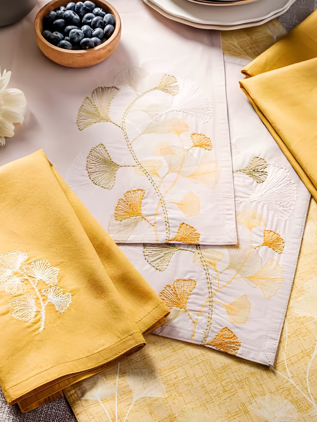 

Eris Home Gingko 4 Pcs Beige & Mustard Yellow Floral Printed Cotton Table Placemats