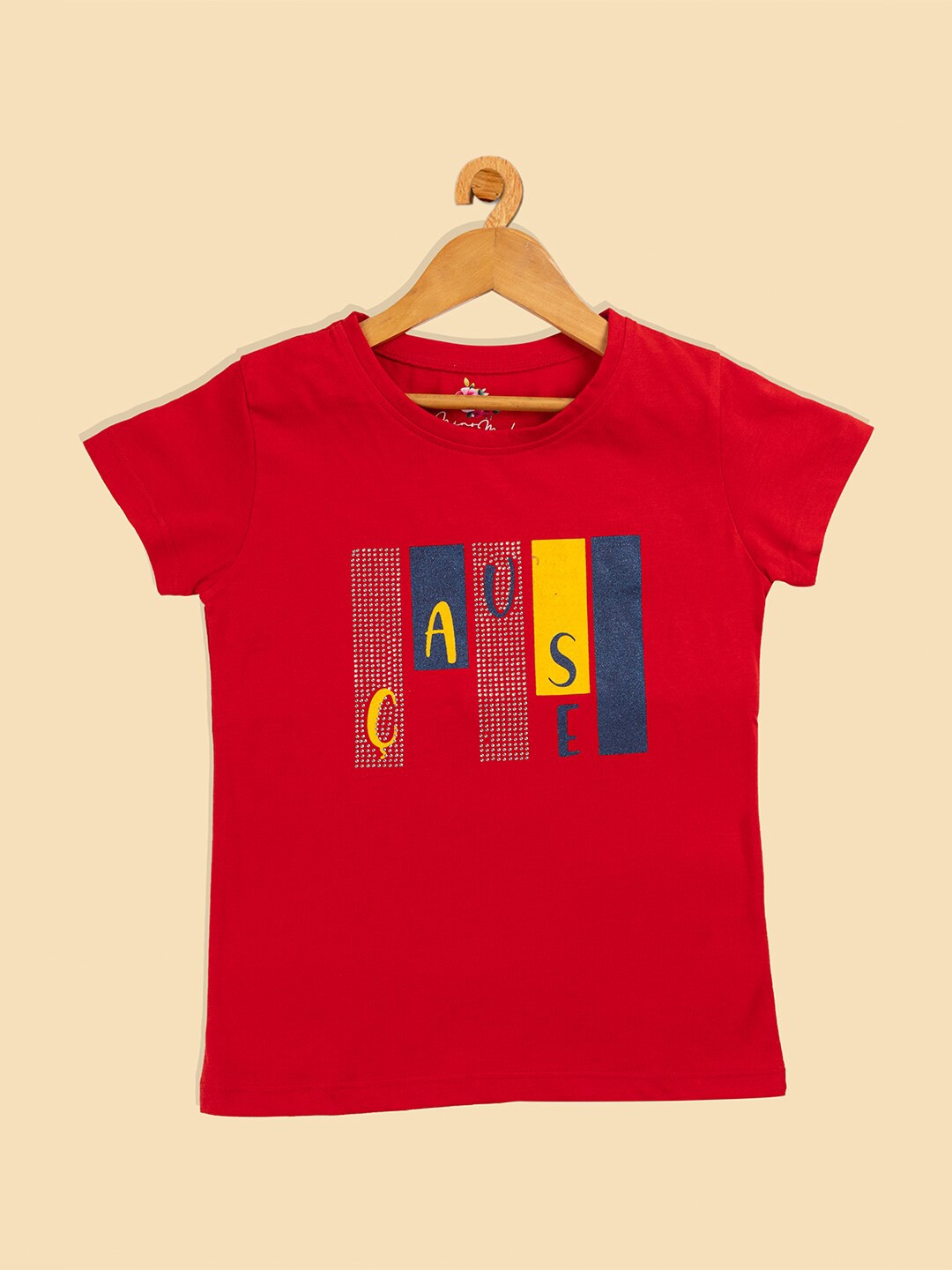 

PAMPOLINA Girls Printed Round Neck Cotton Top, Red