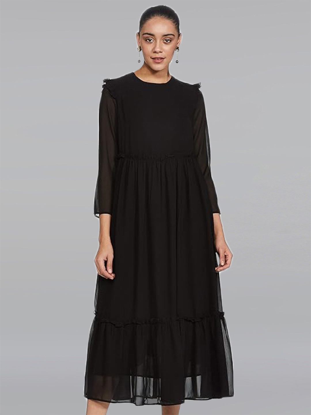 

Dream of Glory Inc Fringed Georgette PLeated Fit & Flare Midi Dress, Black