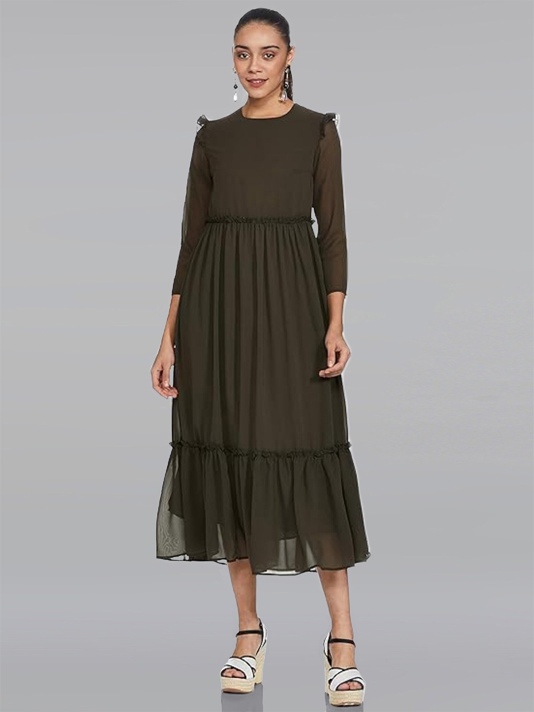 

Dream of Glory Inc Fringed Georgette PLeated Fit & Flare Midi Dress, Olive