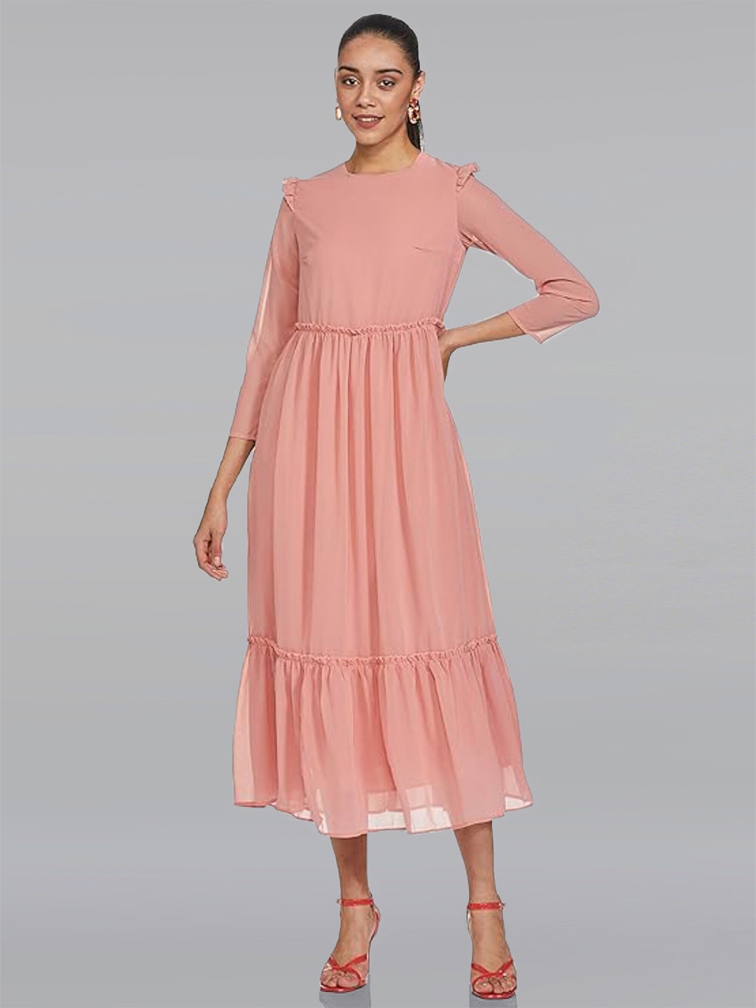 

Dream of Glory Inc Fringed Georgette PLeated Fit & Flare Midi Dress, Rose gold