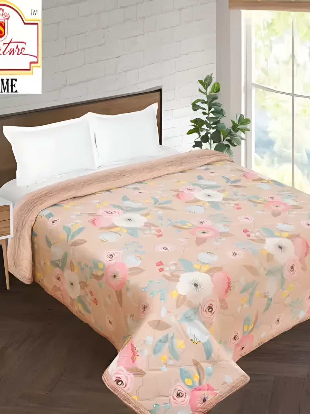 

Signature Beige & Pink Set of 2 Floral Microfiber AC Room 354 GSM Single Bed Comforter
