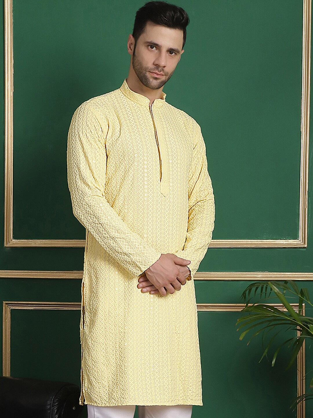 

Anouk Yellow Geometric Embroidered Thread Work Kurta