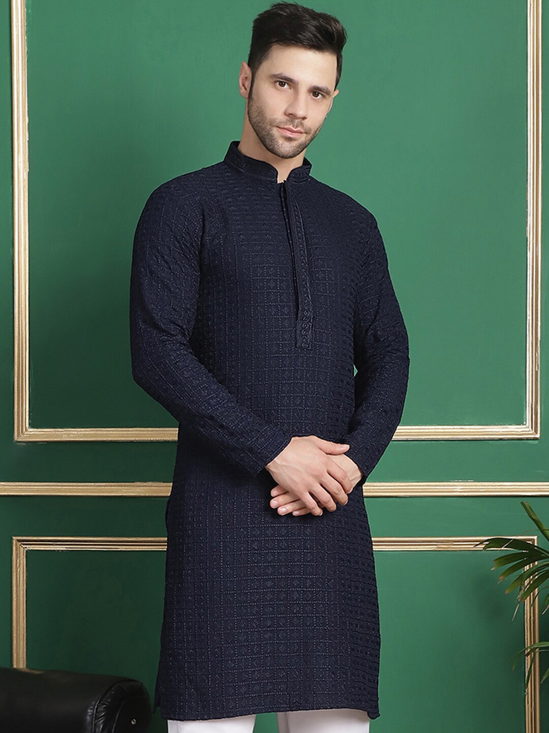 

Anouk Abstract Mandarin Collar Long Sleeves Pathani Kurta, Navy blue