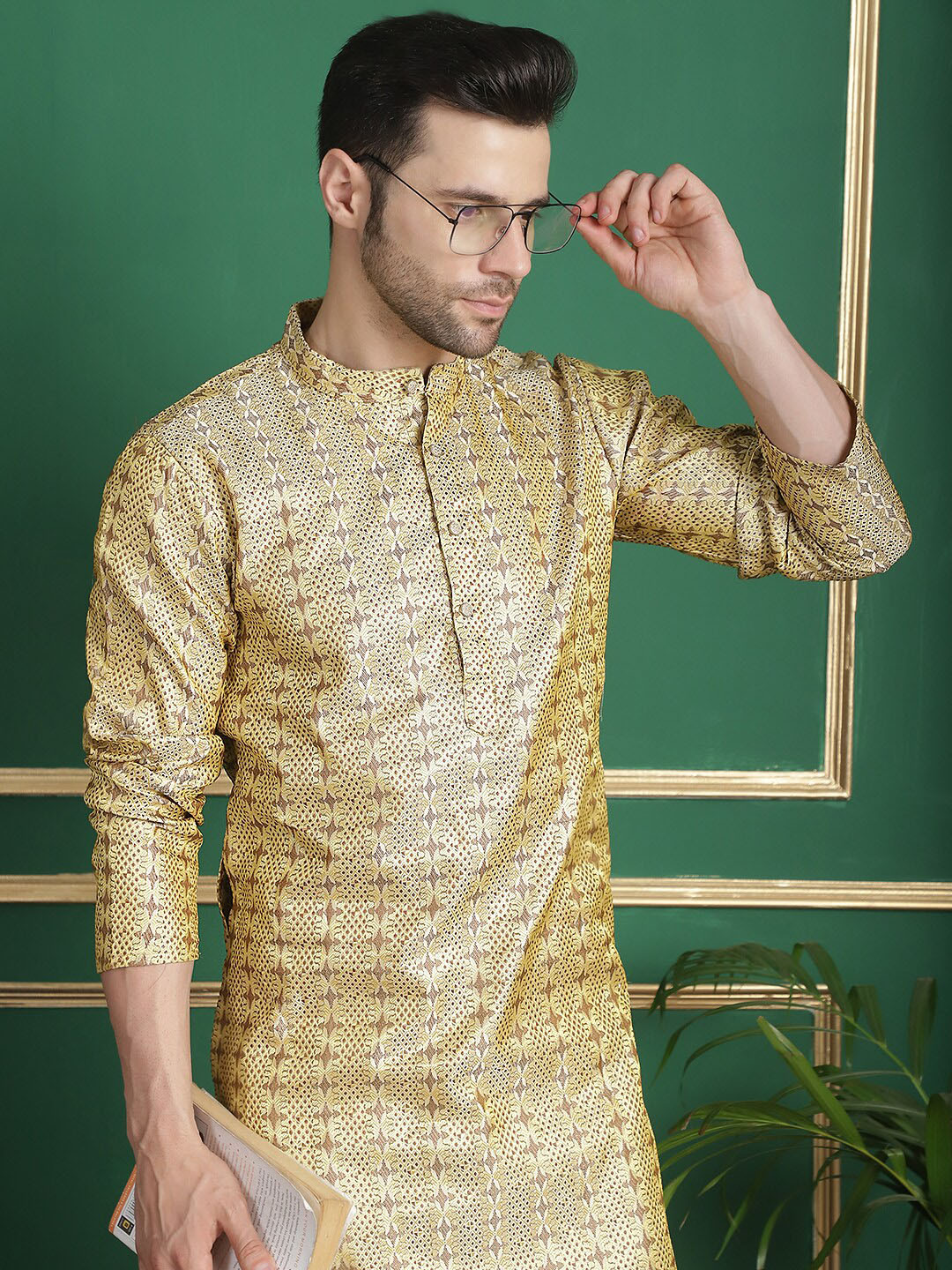 

Anouk Yellow Ethnic Motifs Woven Design Jacquard Band Collar Straight Kurta