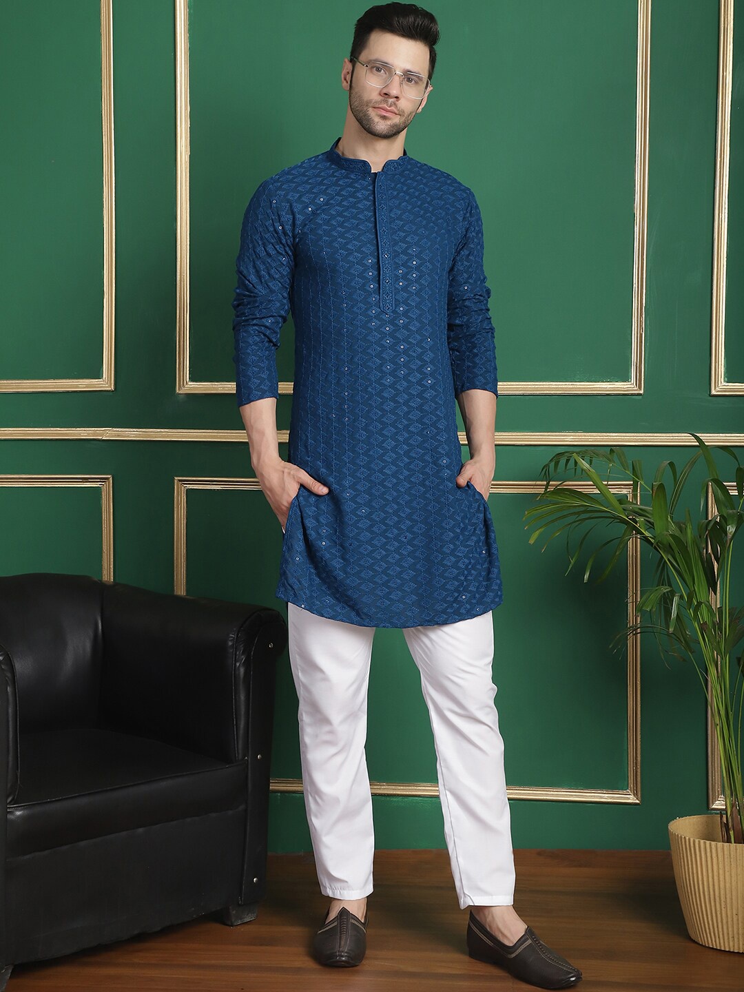 

Anouk Checked Woven Design Mandarin Collar Long Sleeves Kurta, Blue