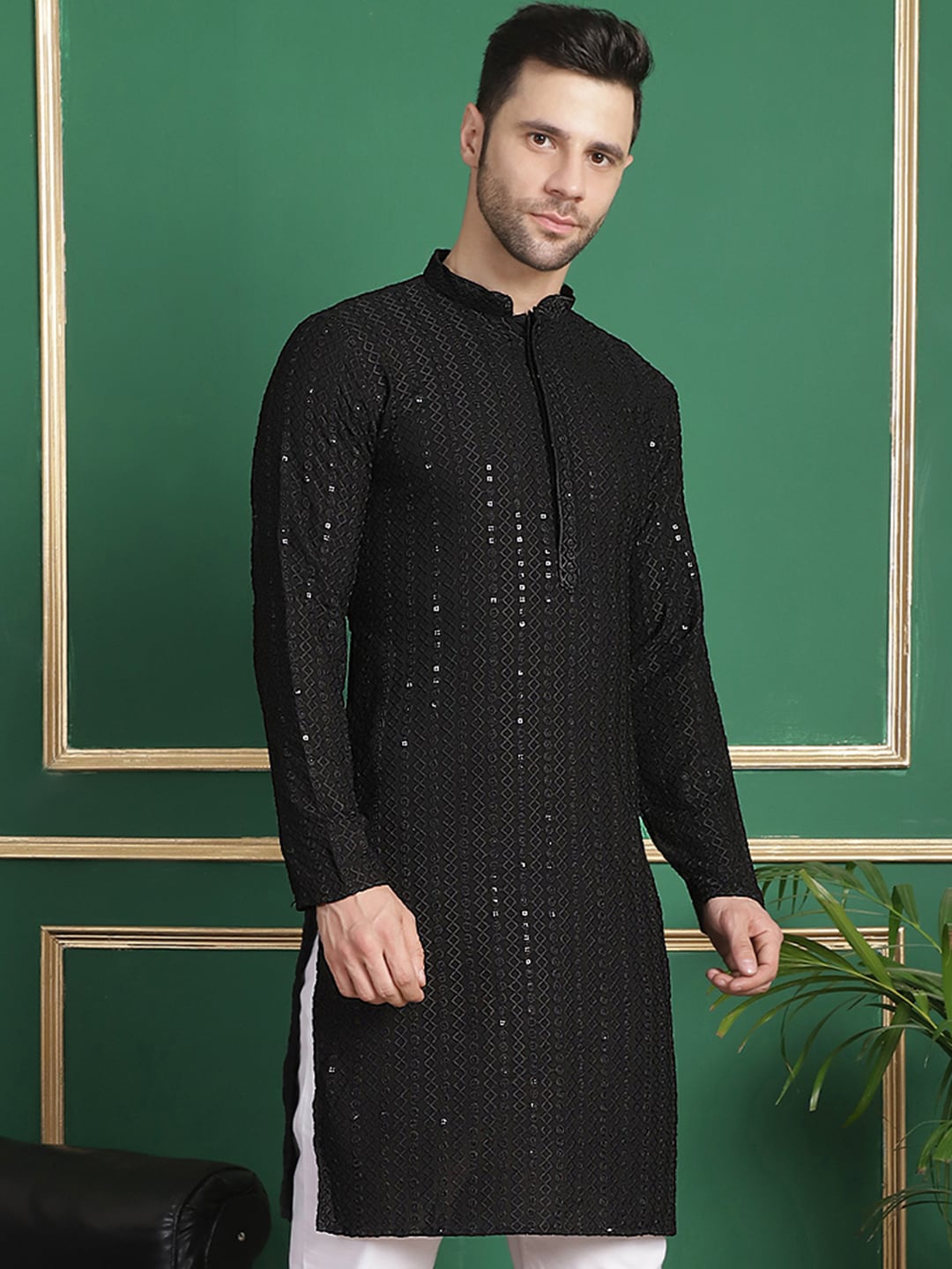 

Anouk Ethnic Motifs Embroidered Sequinned Kurta, Black