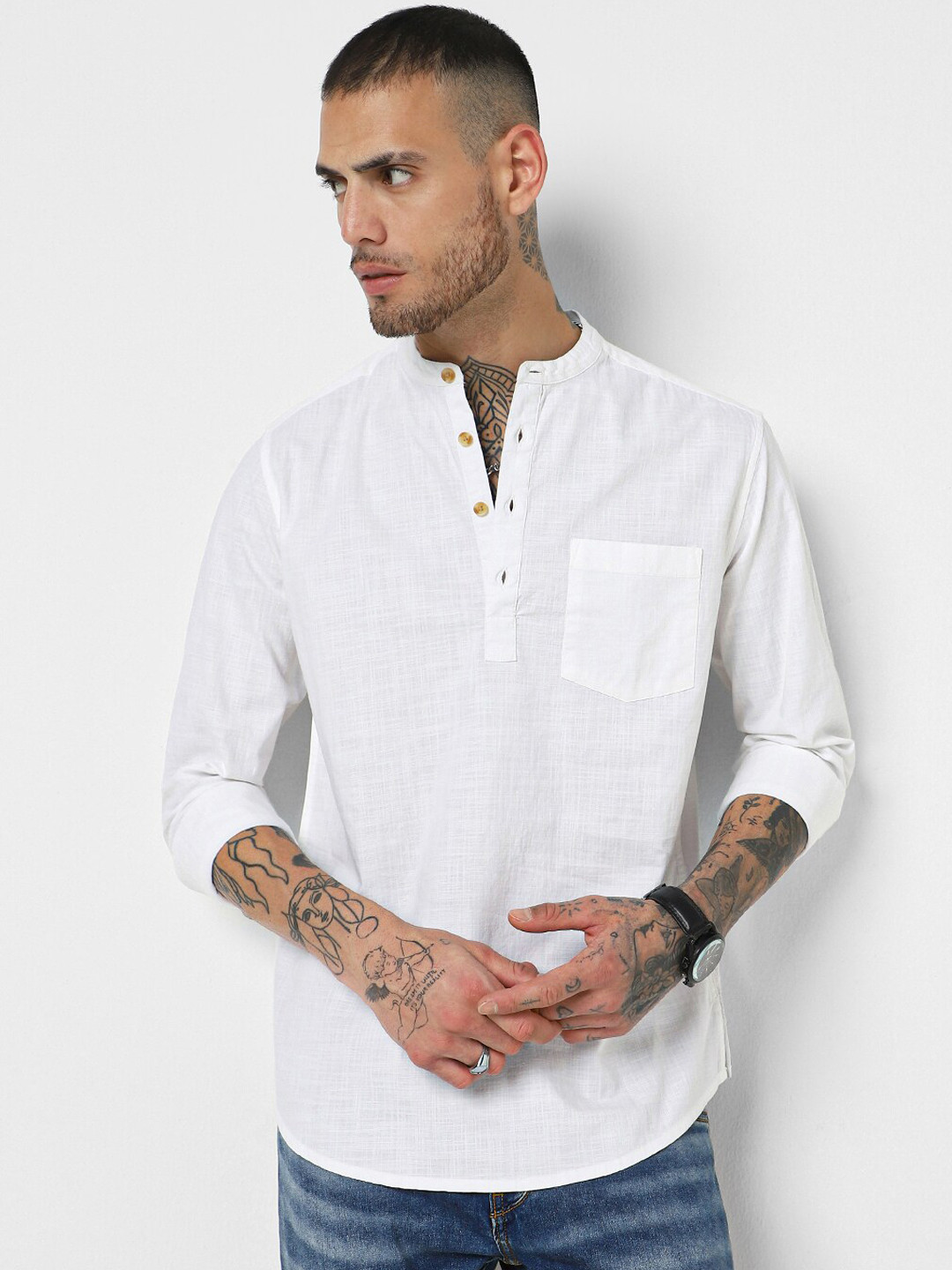 

VASTRADO Mandarin Collar Long Sleeves Cotton Straight Kurta, White