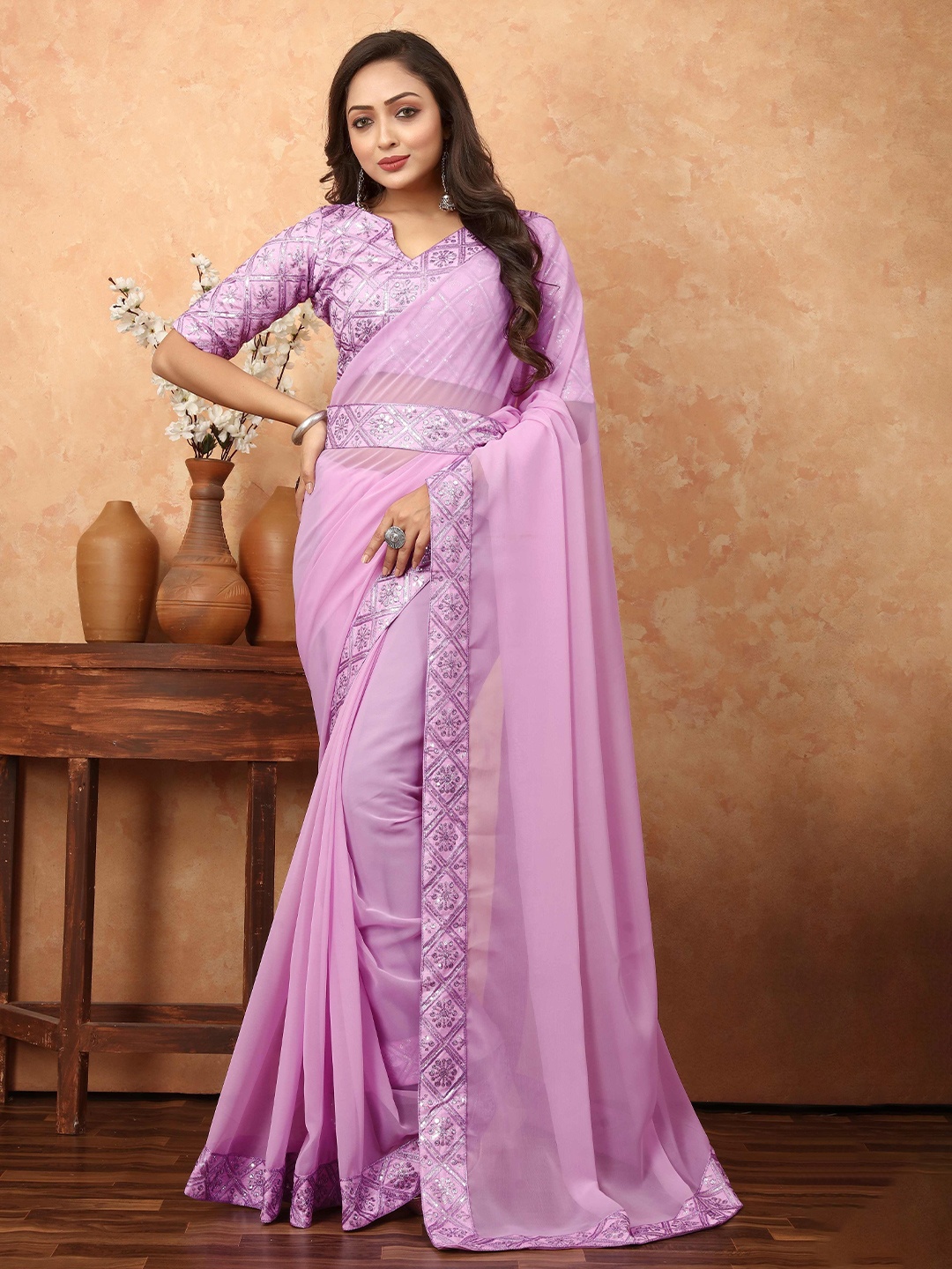 

N N ENTERPRISE Sequinned Belted Saree, Pink