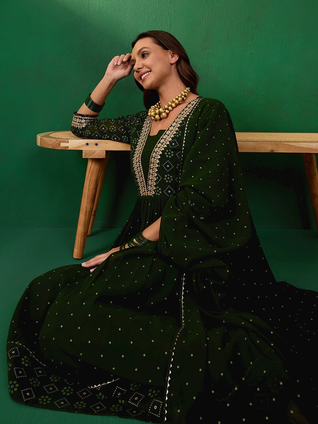 

Sangria Bandhani Printed Embroidered Anarkali Kurta & Trousers With Dupatta, Green