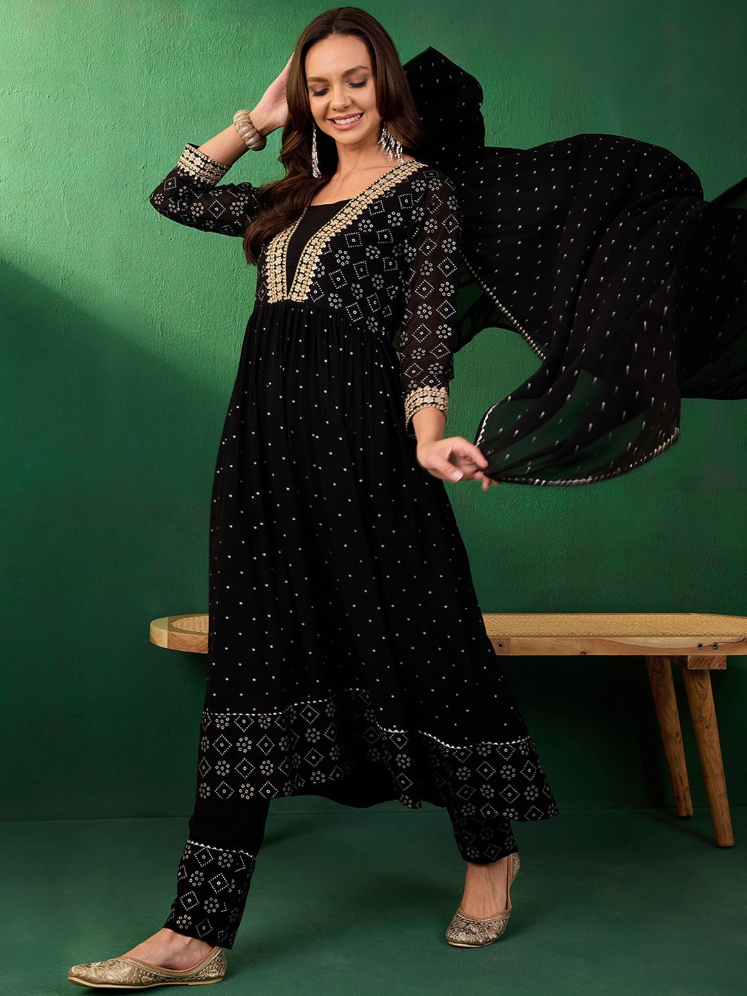 

Sangria Embroidered Bandhani Printed Anarkali Kurta & Trousers With Dupatta, Black