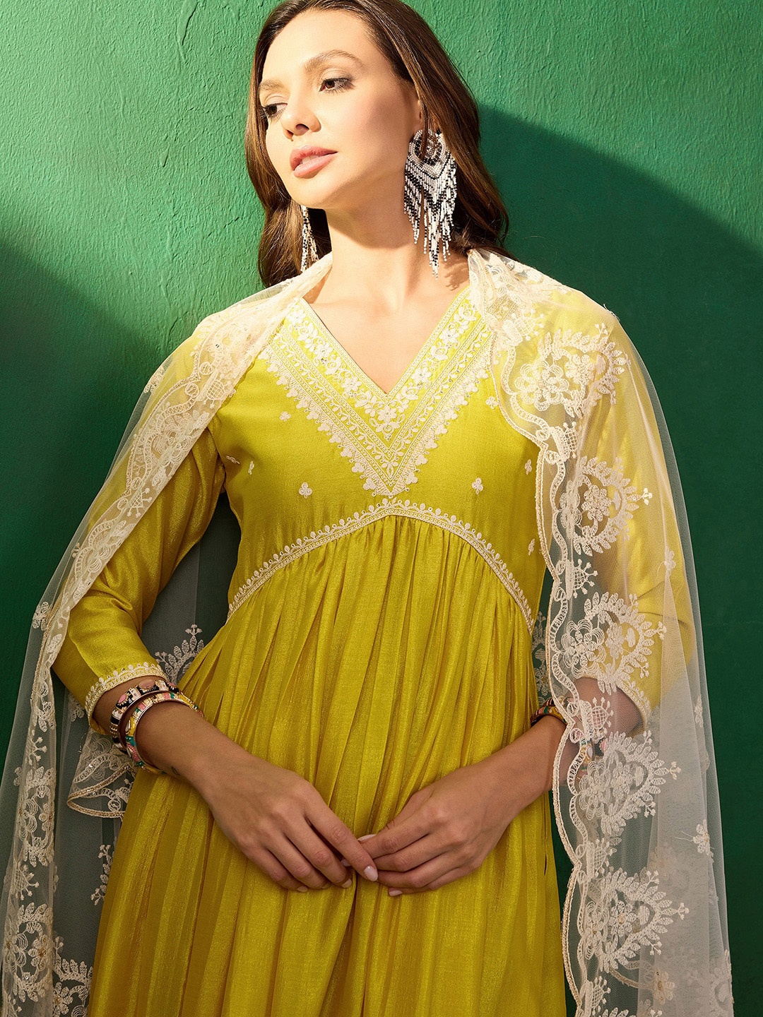 

Sangria Embroidered Anarkali Kurta & Trousers With Dupatta, Mustard