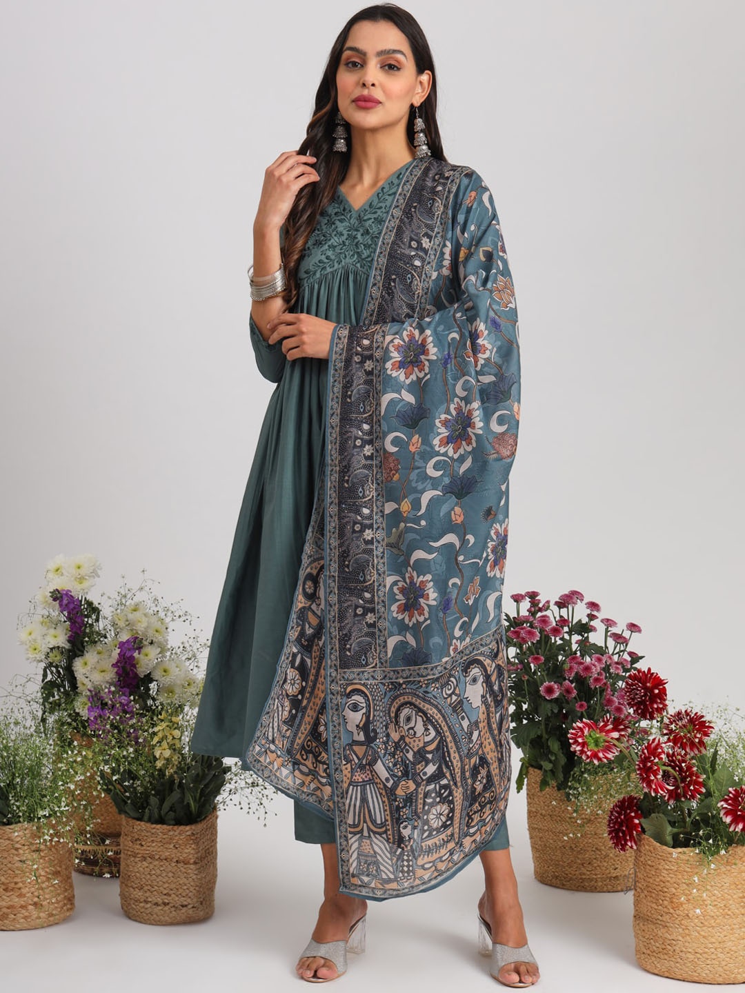 Tikhi Imli Grey Blue Yoke Design Thread Work Empire A-Line Kurta With Trousers & Dupatta