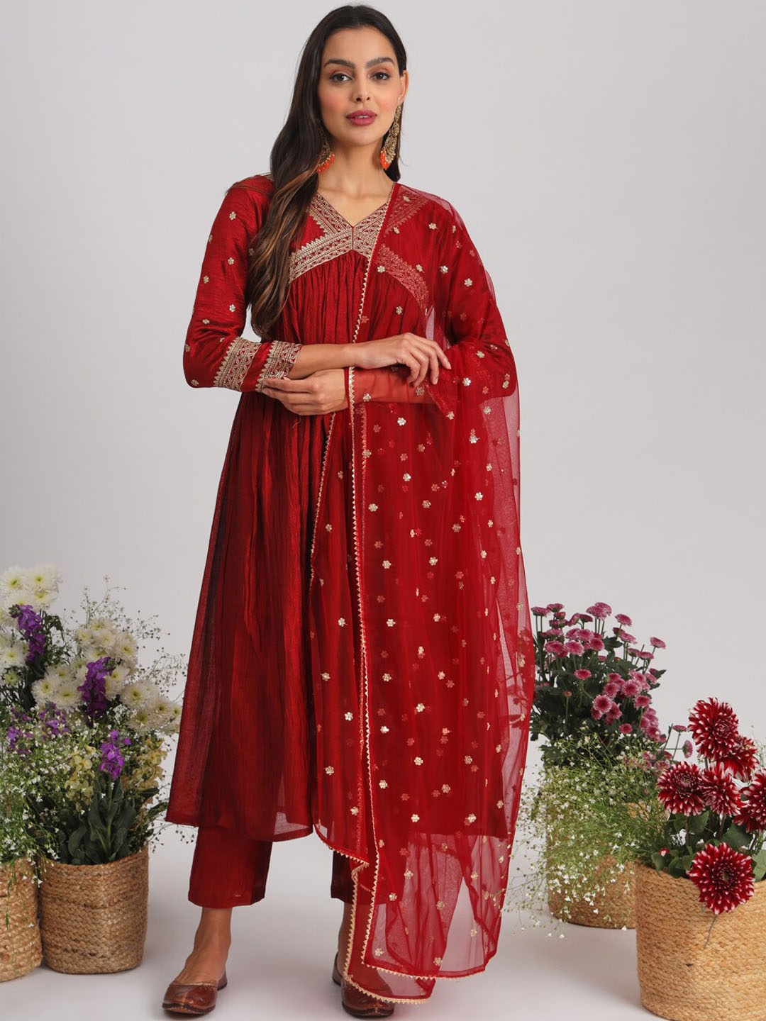 Tikhi Imli Embroidered Pleated Alia Cut Kurta with Trousers & With Dupatta, Red