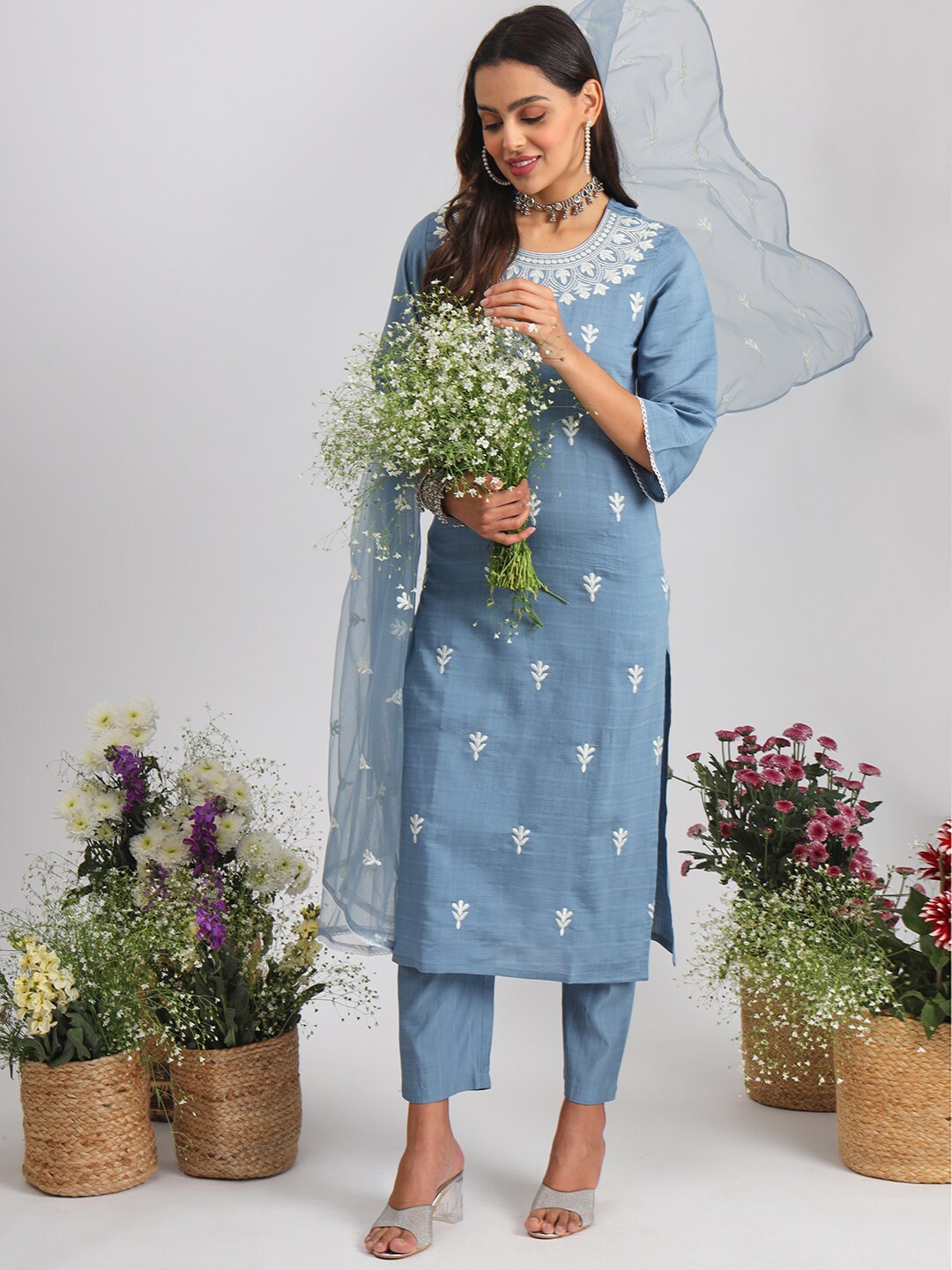 

Tikhi Imli Blue Ethnic Motifs Embroidered Straight Kurta With Trousers & Dupatta