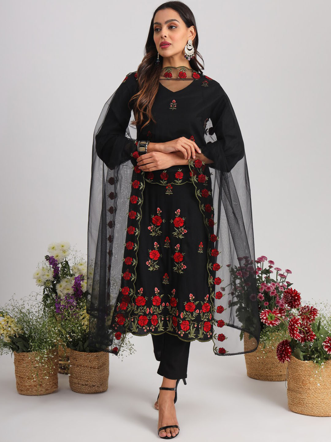 

Tikhi Imli Black Floral Embroidered Bell Sleeves Straight Kurta With Trousers & Dupatta