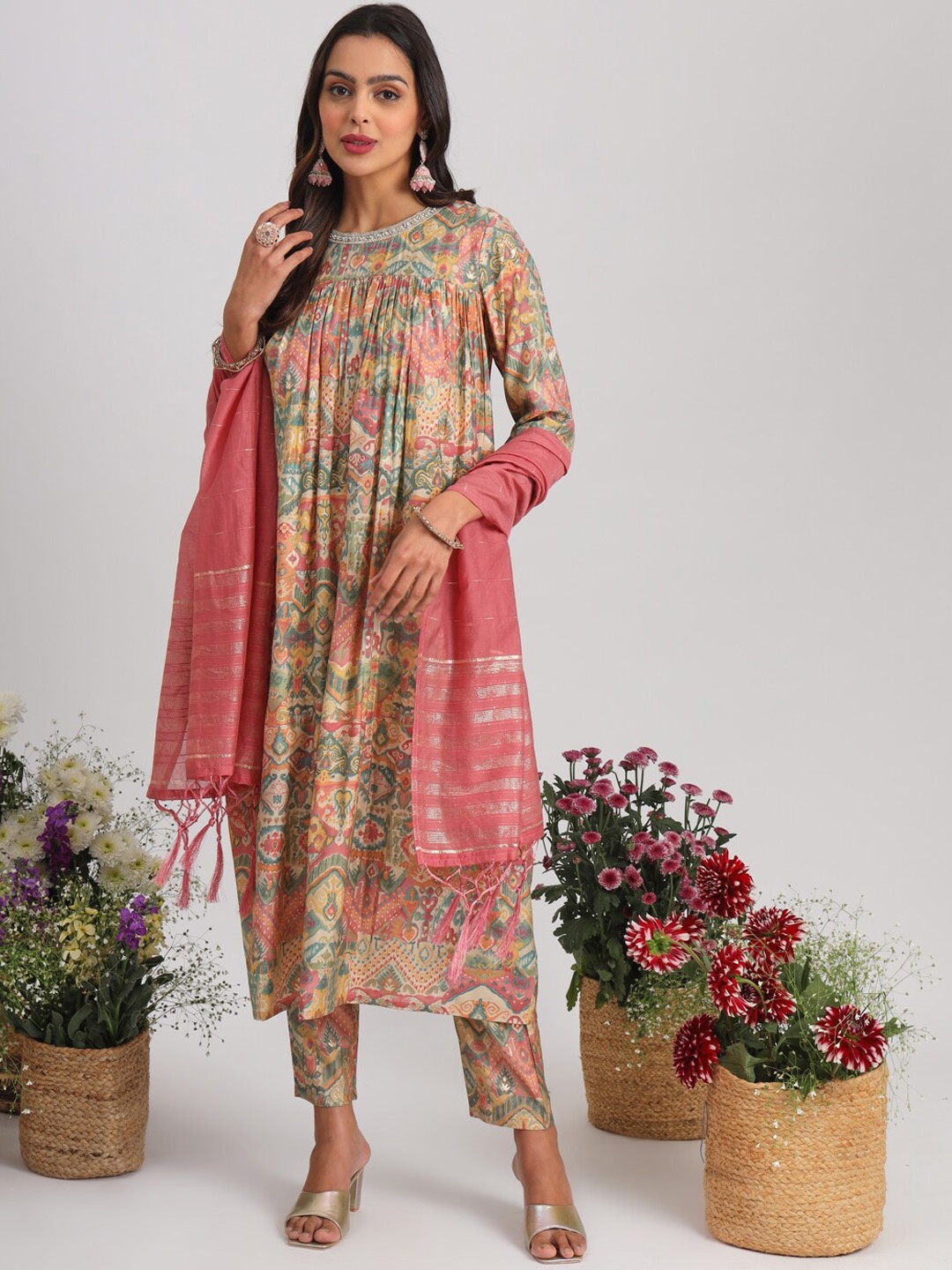 

Tikhi Imli Ethnic Motifs Printed Pleated Beads and Stones Kurta with Trousers & Dupatta, Beige