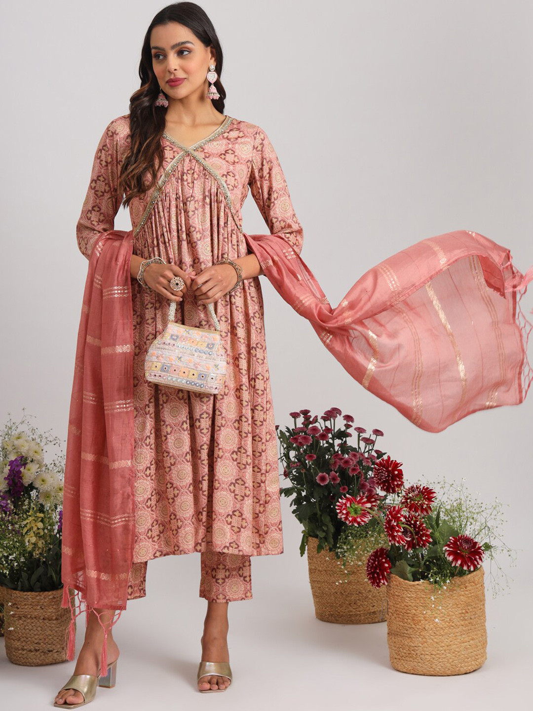 

Tikhi Imli Floral Printed Empire Alia Cut Kurta with Trousers & With Dupatta, Peach