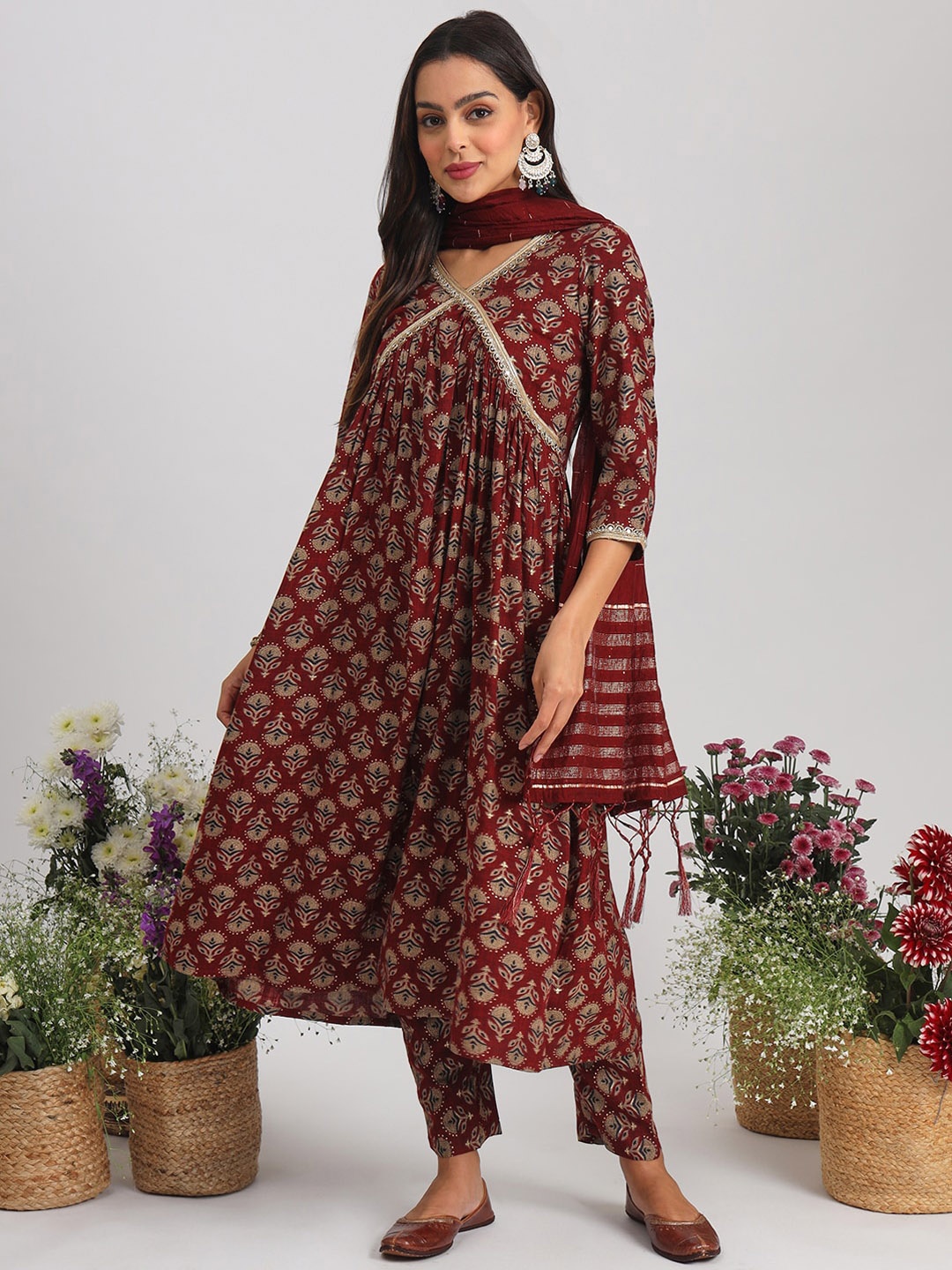 

Tikhi Imli Ethnic Motifs Printed Empire Alia Cut Kurta with Trousers & With Dupatta, Maroon