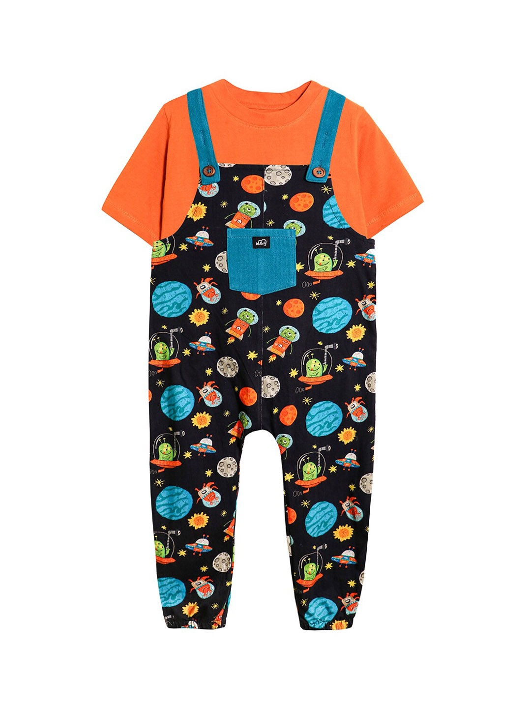 

Whistle & Hops Kids Space Alien Conversational Printed Pure Cotton Dungaree With T-Shirt, Black