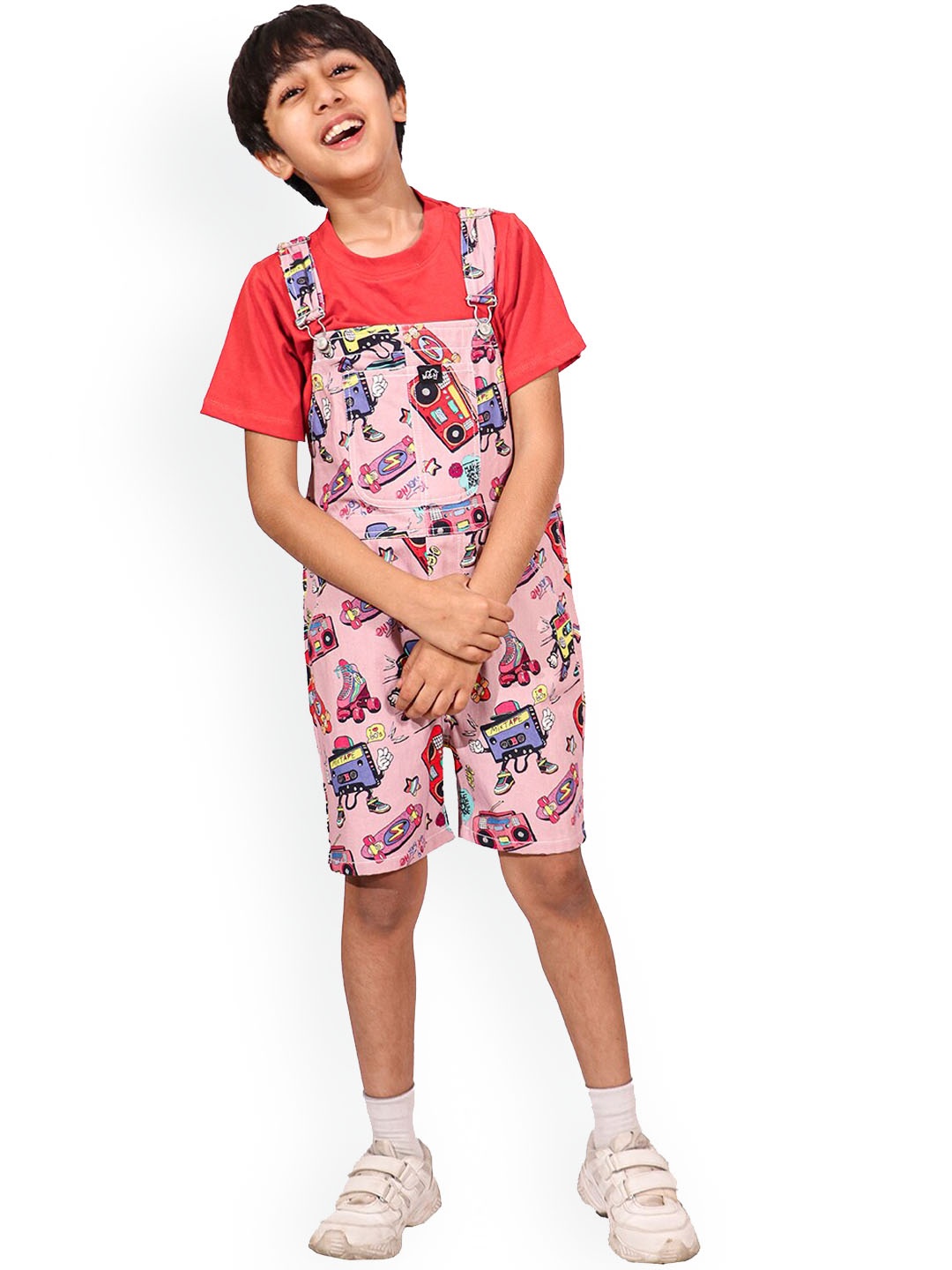 

Whistle & Hops Kids Mixtape Skater Printed Pure Cotton Dungaree With T-Shirt, Pink