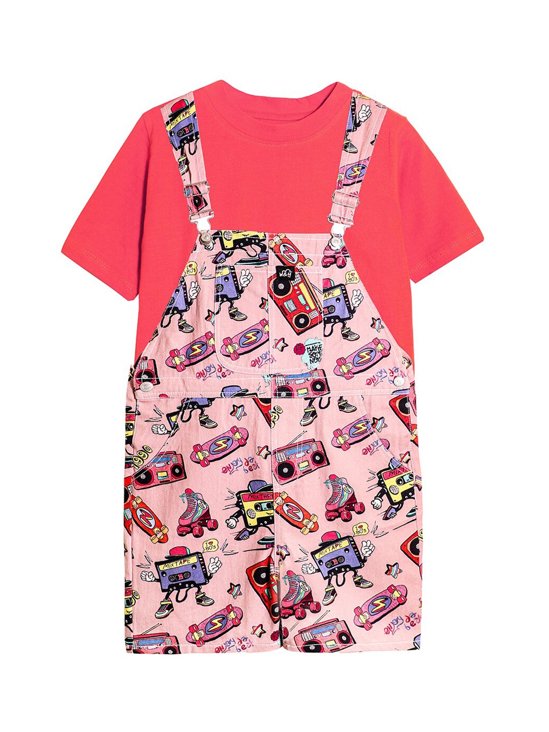 

Whistle & Hops Kids Mixtape Skater Conversational Printed Cotton Dungarees, Pink