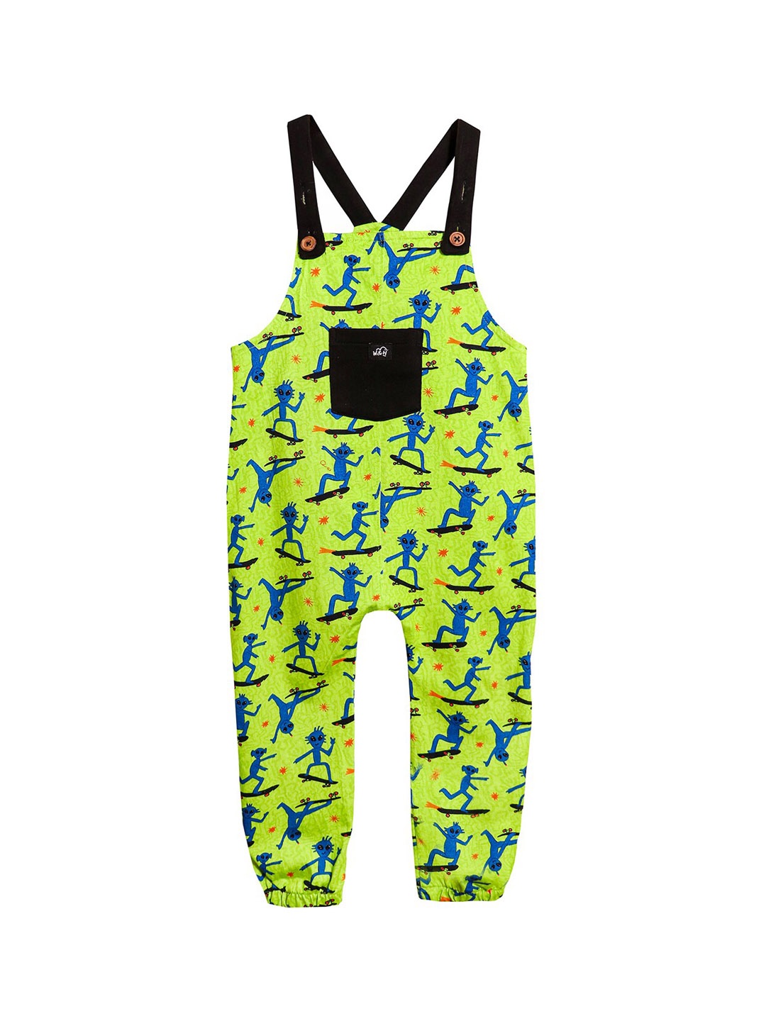 

Whistle & Hops Kids Alien Skater Conversational Printed Pure Cotton Dungaree, Green