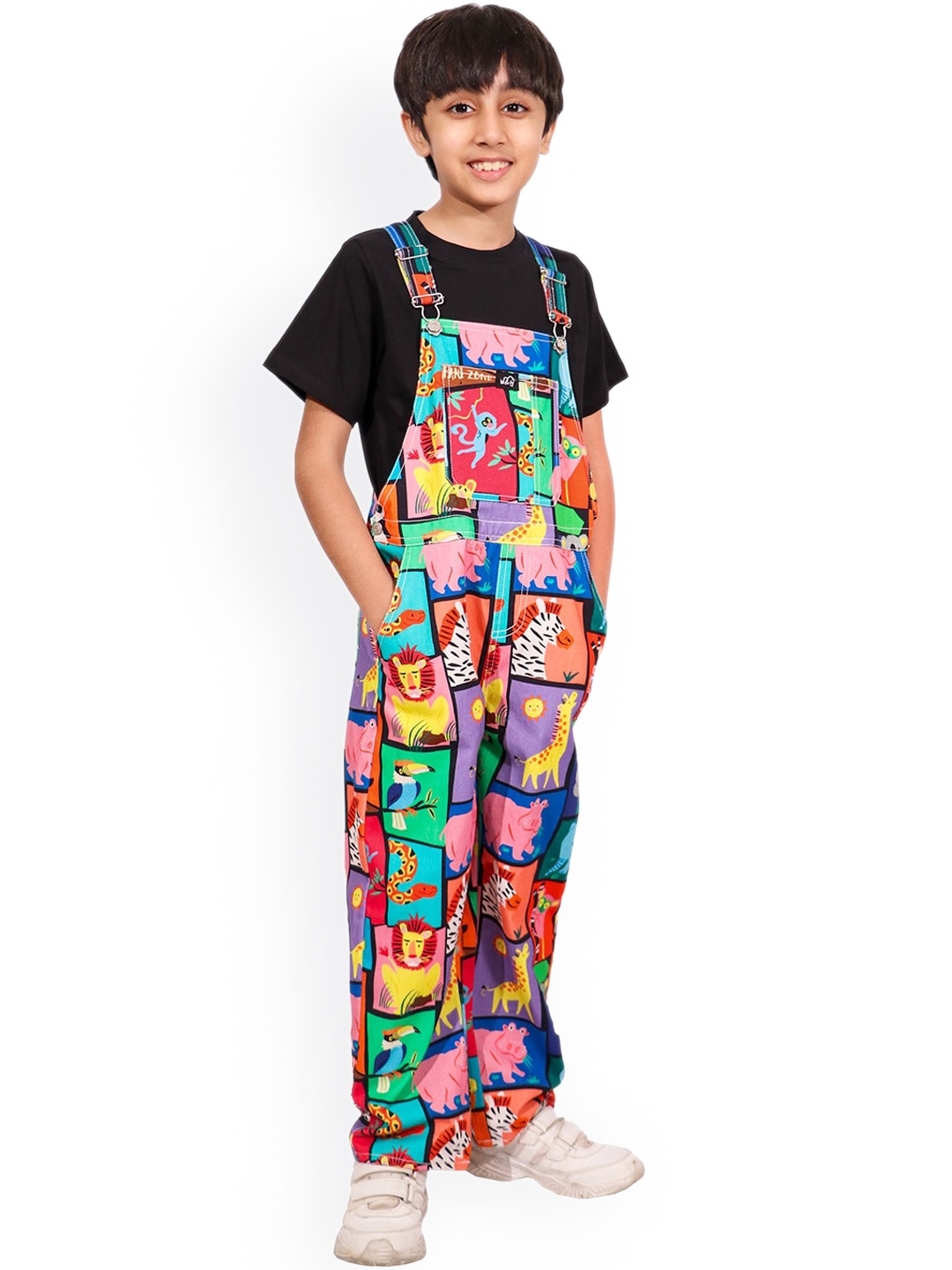 

Whistle & Hops Kids Safari Zone Conversational Printed Pure Cotton Dungaree With T-Shirt, Pink
