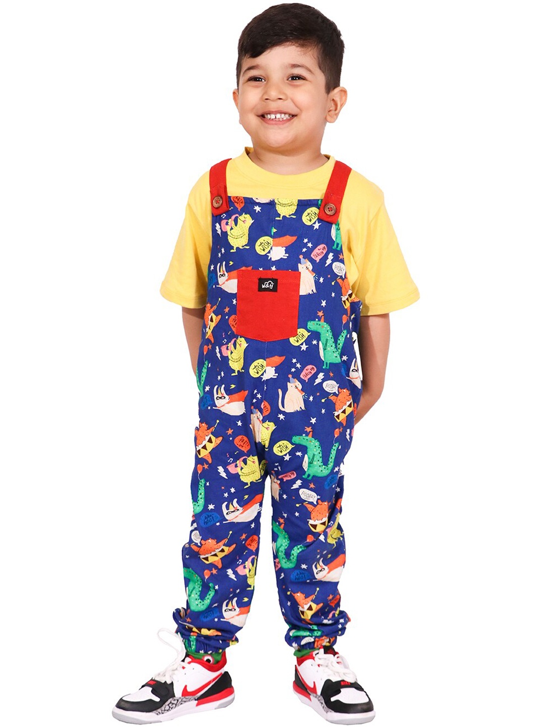 

Whistle & Hops Kids Animal Party Conversational Printed Pure Cotton Dungaree With T-Shirt, Blue