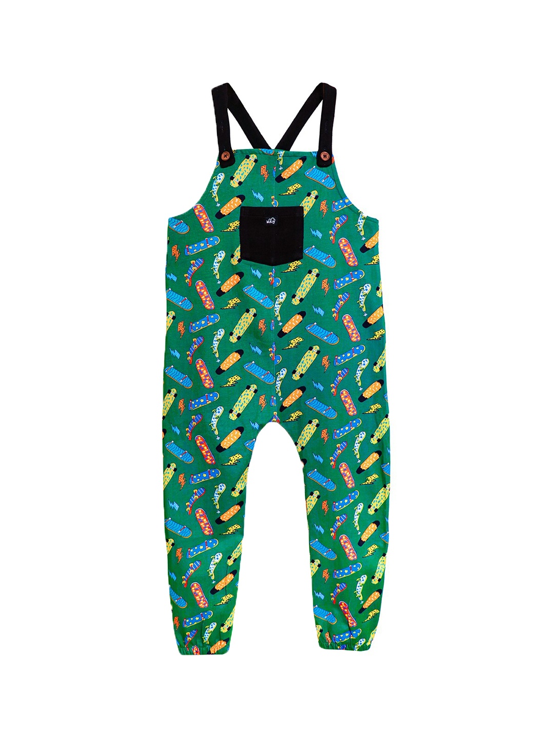 

Whistle & Hops Kids Skateboard Conversational Printed Pure Cotton Straight Fit Dungarees, Green