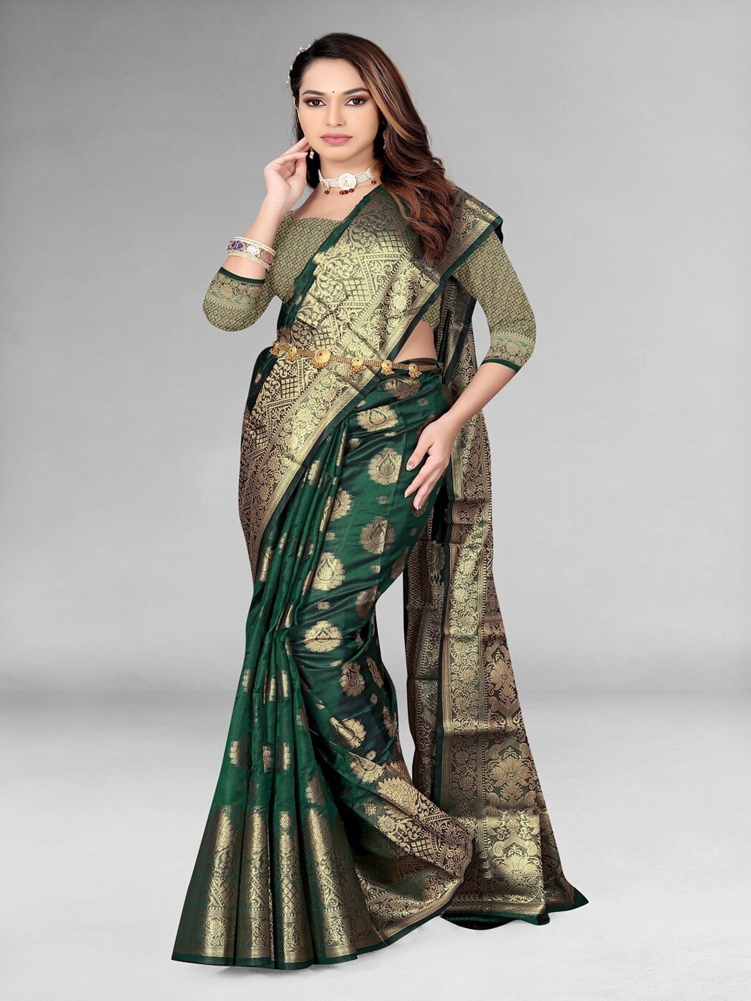

Supalee Tex Ethnic Motifs Woven Design Zari Organza Mysore Silk Saree, Green