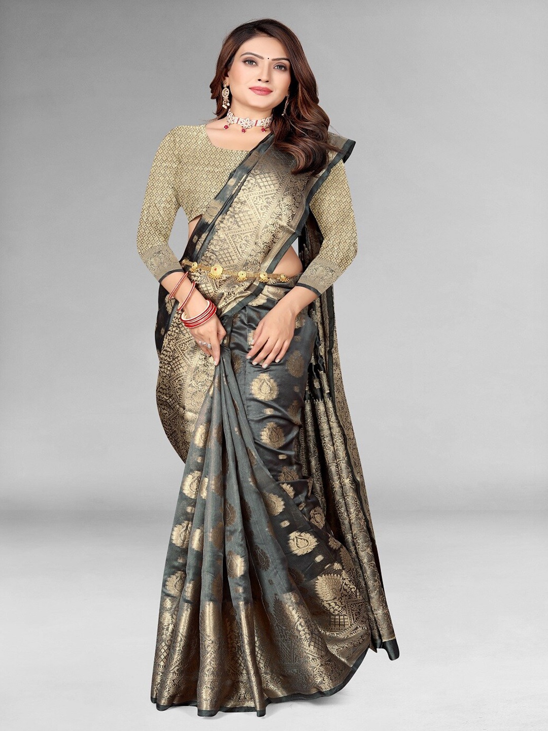 

Supalee Tex Ethnic Motifs Woven Design Zari Organza Mysore Silk Saree, Grey