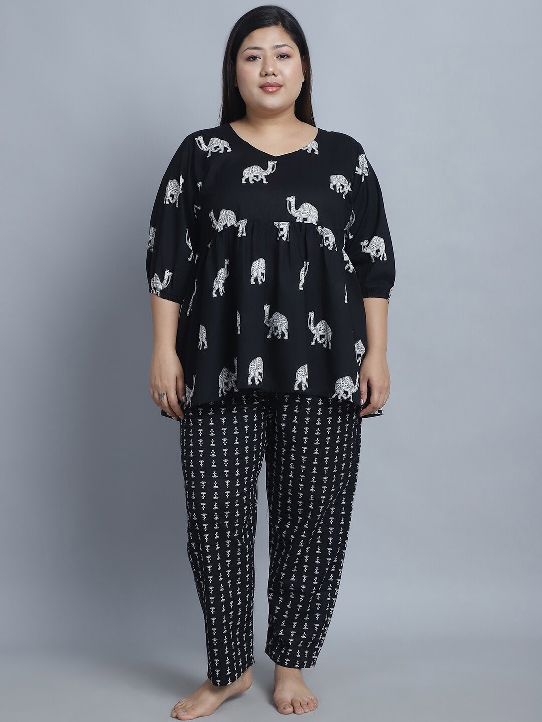 

TAG 7 Printed Pure Cotton Night suit, Black