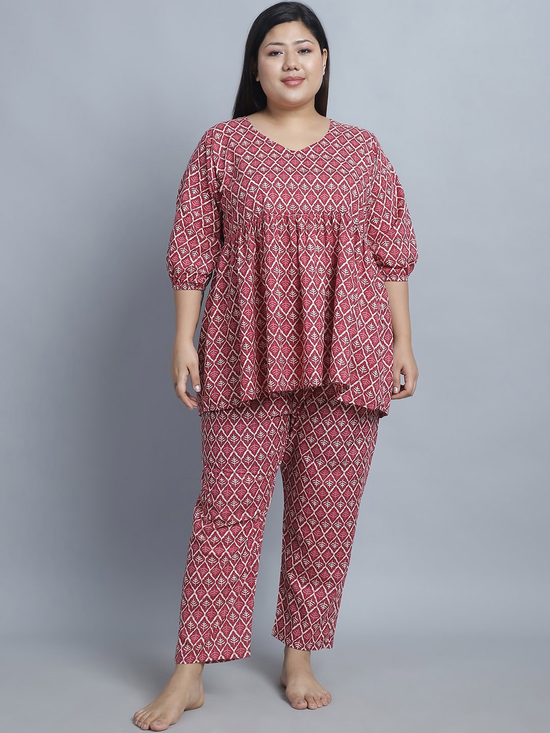

TAG 7 Printed Pure Cotton Night suit, Maroon