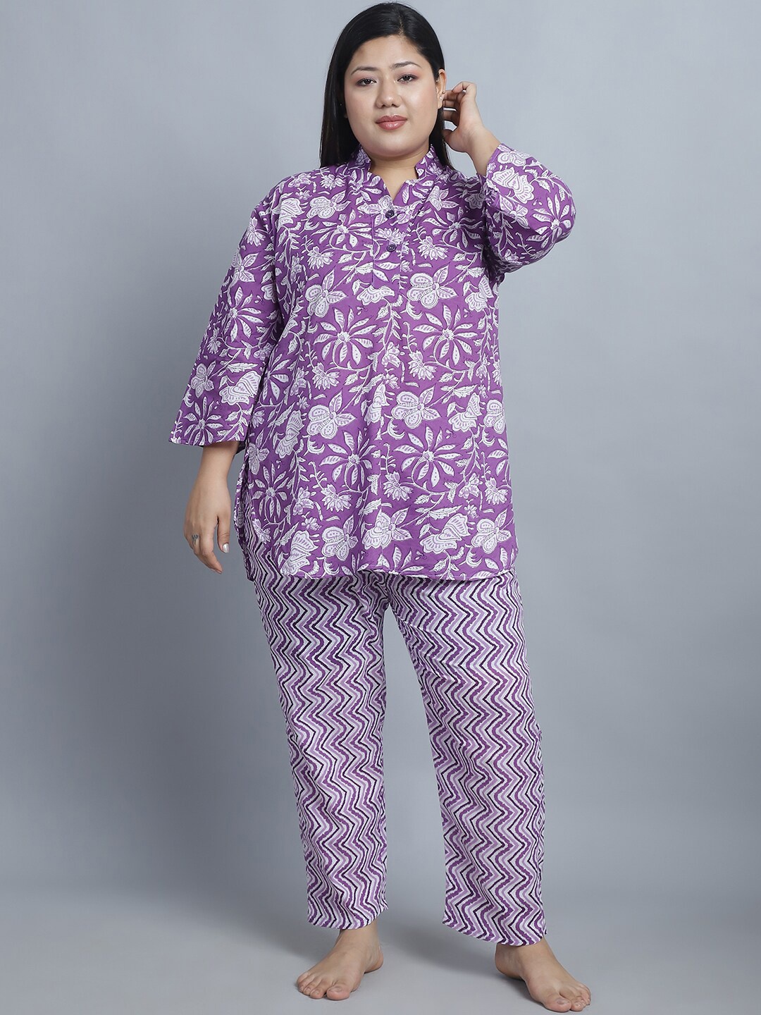 

TAG 7 Plus Size Floral Printed Mandarin Collar Pure Cotton Kurti & Pyjama, Purple