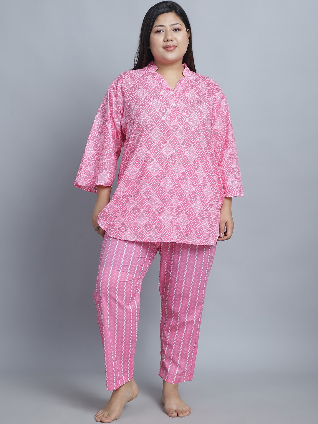 

TAG 7 Plus Size Ethnic Motifs Printed Pure Cotton Night Suit, Pink