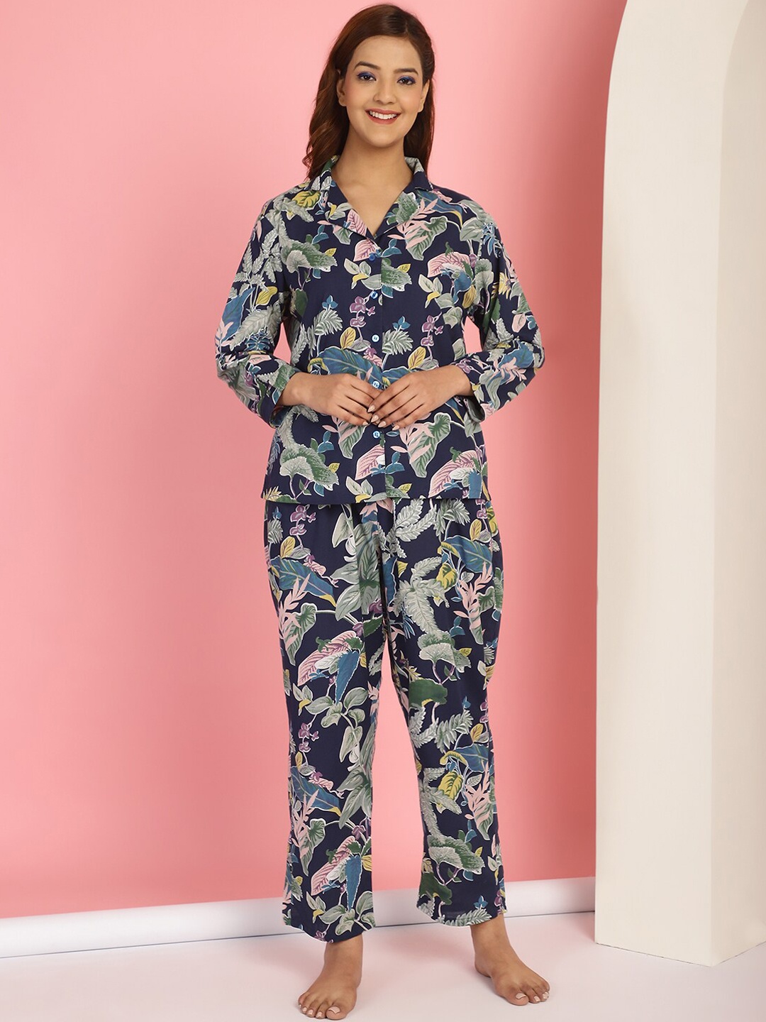 

TAG 7 Women Pure Cotton Printed Night suit, Navy blue