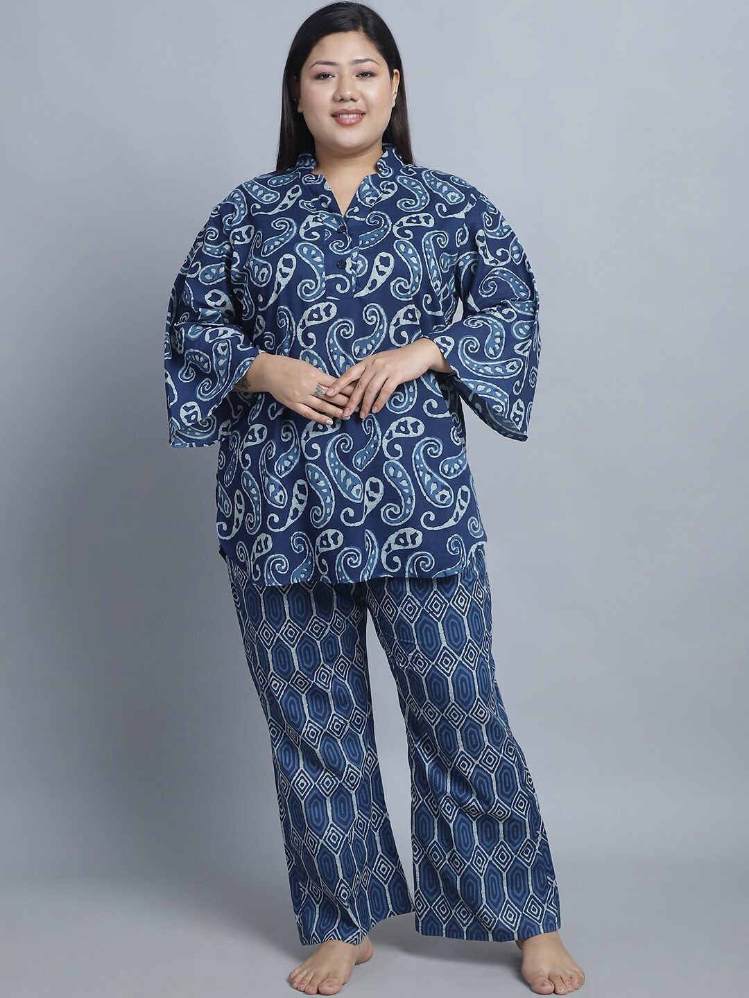 

TAG 7 Plus Size Ethnic Motifs Printed Pure Cotton Night suit, Blue