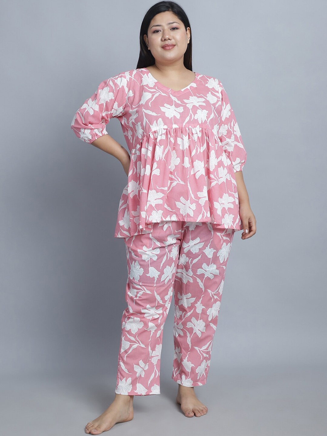 

TAG 7 Plus Size Floral Printed Pure Cotton Night suit, Pink